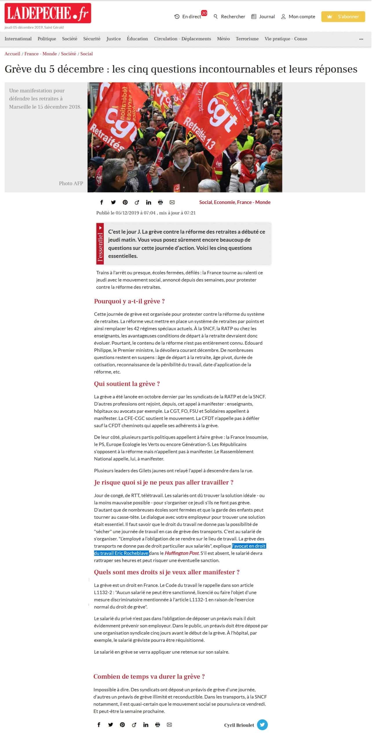 « Grève du 5 décembre : les cinq questions incontournables et leurs réponses » Interview LA DÉPÊCHE Maître Eric ROCHEBLAVE