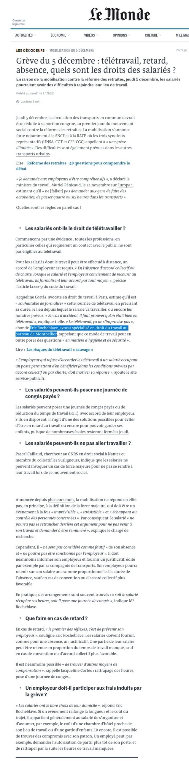 « Grève du 5 décembre : télétravail, retard, absence, quels sont les droits des salariés ? » Interview Le Monde de Maître Eric ROCHEBLAVE
