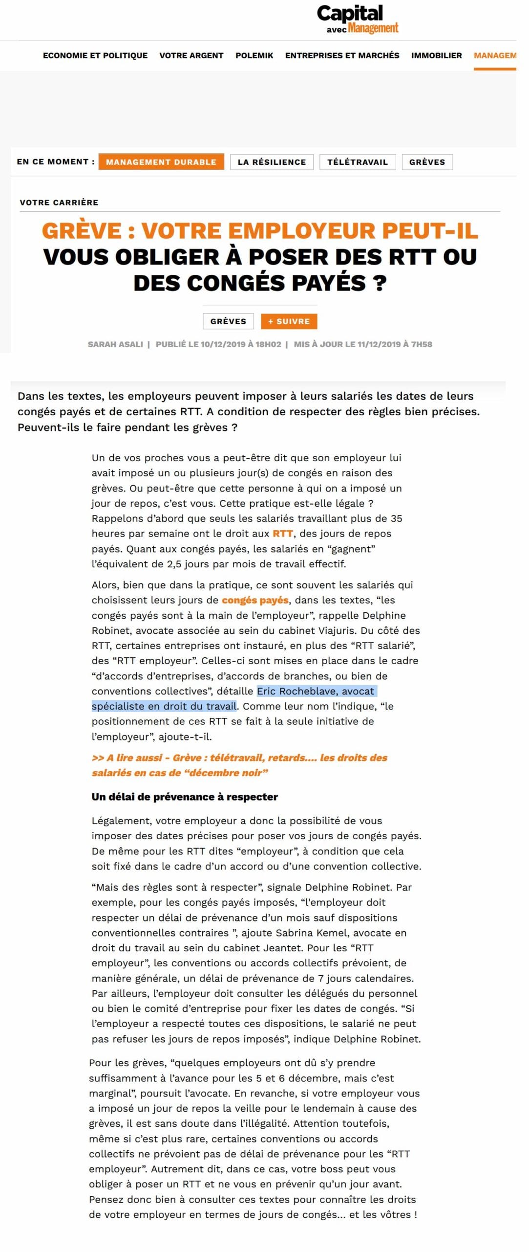 « Grève : votre employeur peut-il vous obliger à poser des RTT ou des congés payés ? » Interview CAPITAL de Maître Eric ROCHEBLAVE