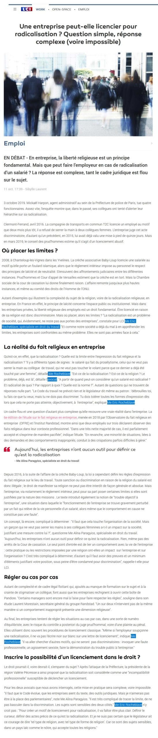 « Une entreprise peut-elle licencier pour radicalisation ? » Interview LCI de Maître Eric ROCHEBLAVE