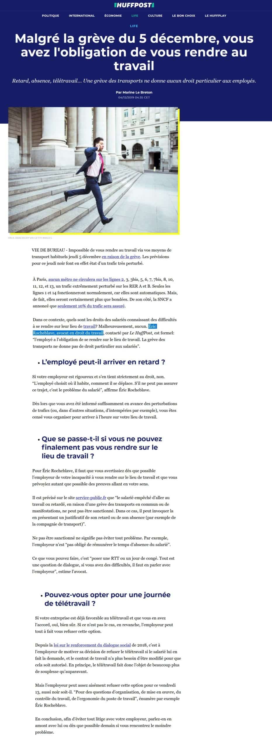 « Malgré la grève du 5 décembre, vous avez l'obligation de vous rendre au travail » Interview HUFFPOST de Maître Eric ROCHEBLAVE