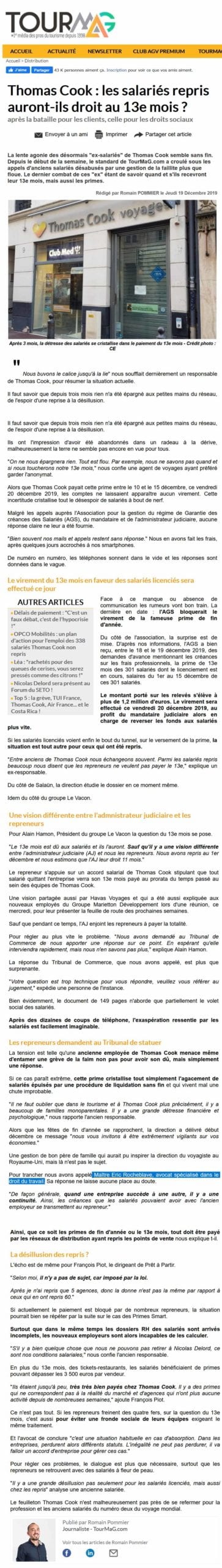 « Thomas Cook : les salariés repris auront-ils droit au 13e mois ? » Interview TOURMAG de Maître Eric ROCHEBLAVE