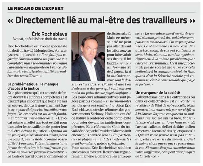 « L'explosion alarmante de l'absentéisme au travail » Interview MIDI LIBRE de Maître Eric ROCHEBLAVE