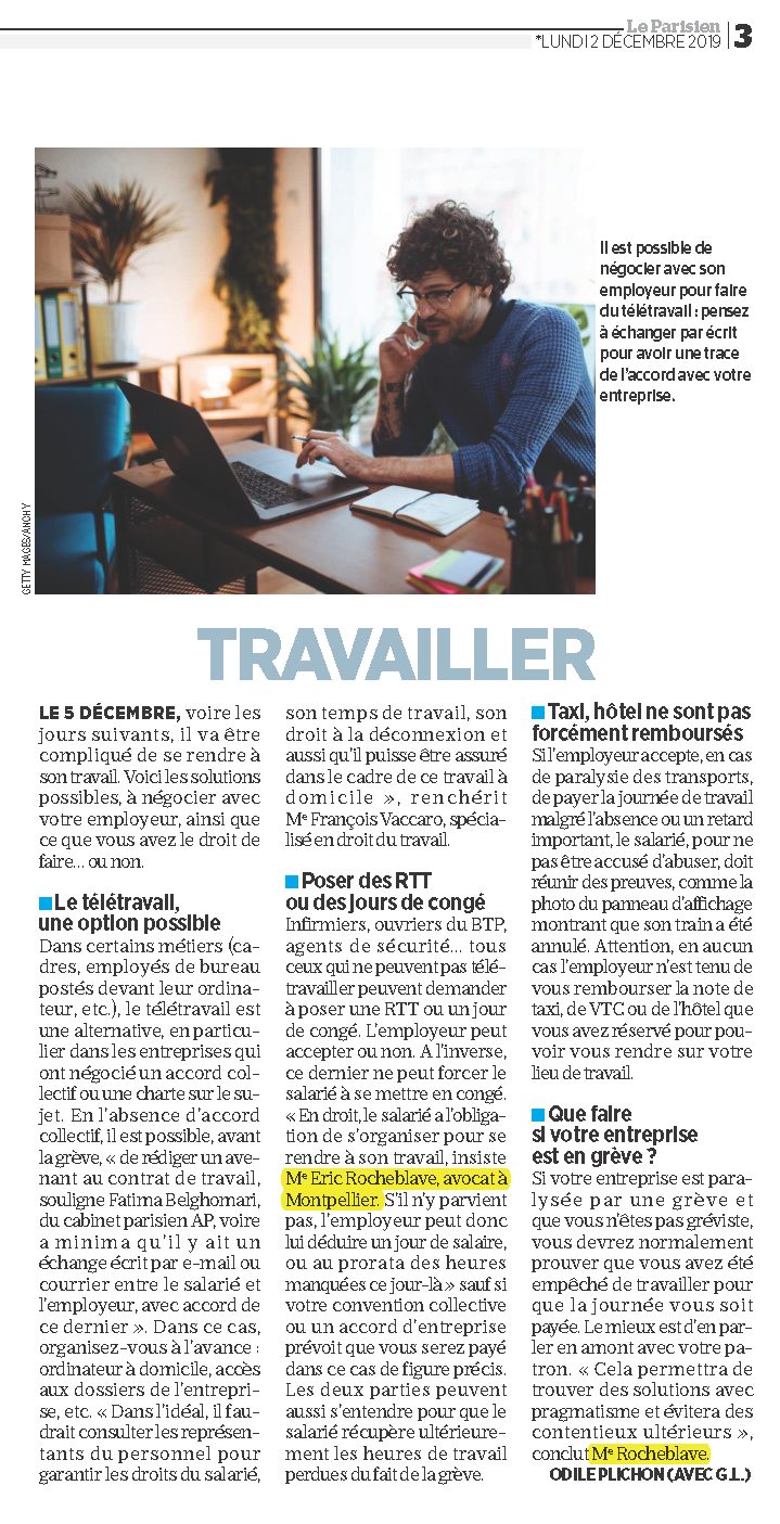 « GRÈVE : LE GUIDE DE SURVIE POUR TRAVAILLER » Interview Le Parisien de Maître Eric ROCHEBLAVE