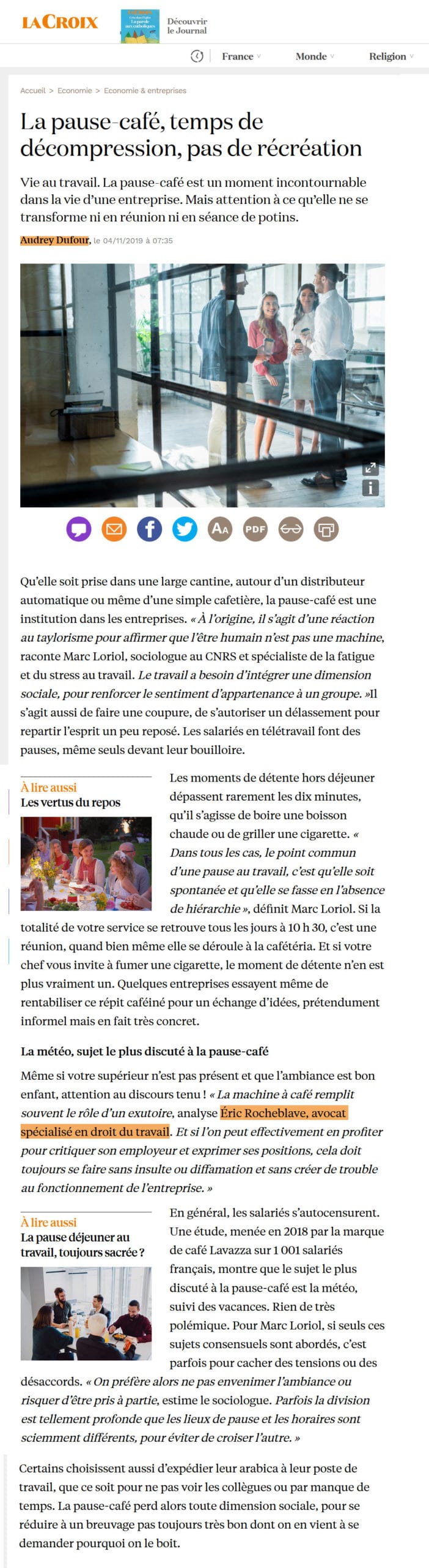 « La pause-café, temps de décompression, pas de récréation » Interview LA CROIX de Maître Eric ROCHEBLAVE