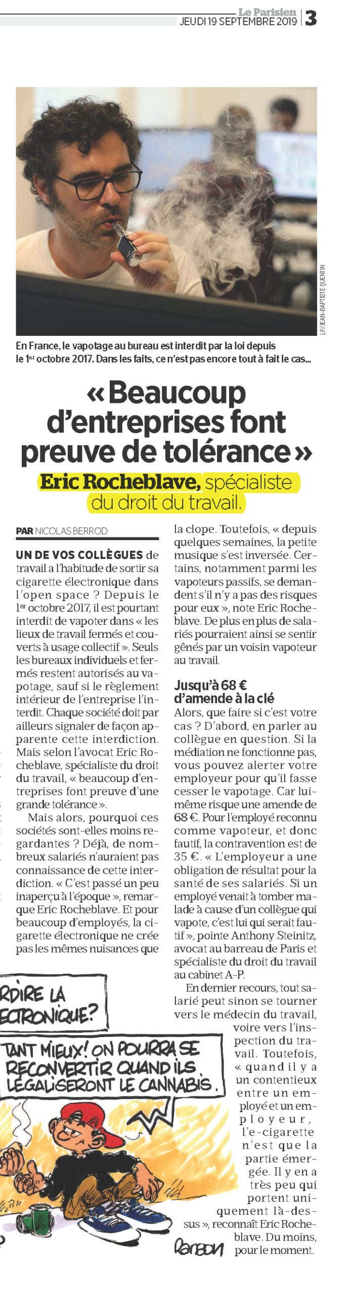 « LE VAPOTAGE SOUS HAUTE SURVEILLANCE » Interview LE PARISIEN de Maître Eric ROCHEBLAVE 