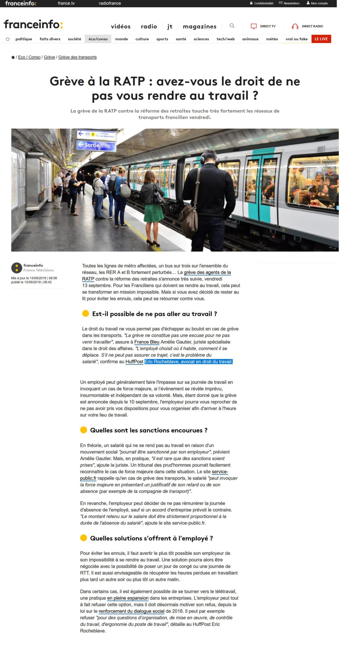 « Grève à la RATP : avez-vous le droit de ne pas vous rendre au travail ? » Interview franceinfo: de Maître Eric ROCHEBLAVE