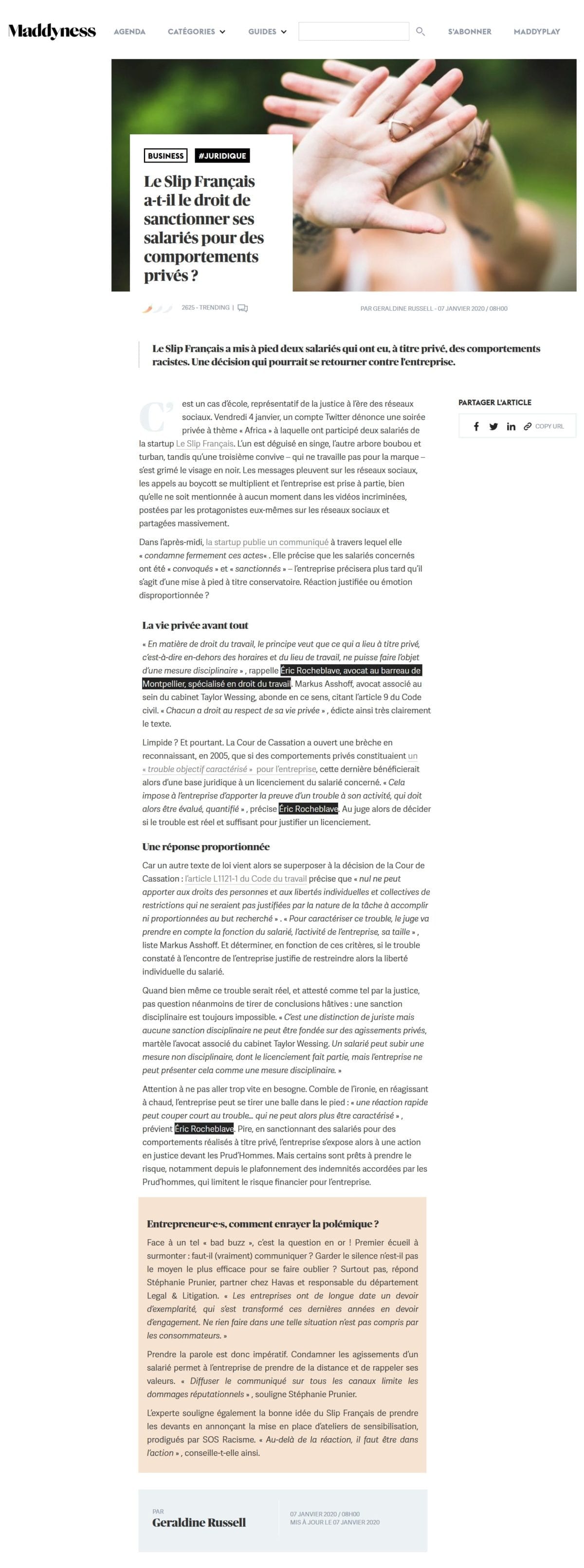 « Le Slip Français a-t-il le droit de sanctionner ses salariés  pour des comportements privés ? » Interview Maddyness de Maître Eric ROCHEBLAVE