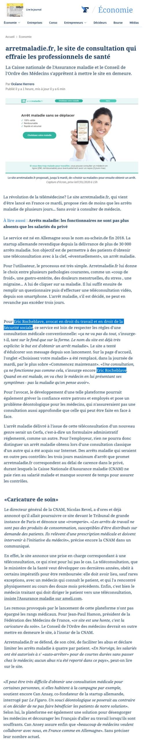 arretmaladie.fr, le site de consultation qui effraie les professionnels de santé » Interview Le Figaro de Maître Eric ROCHEBLAVE