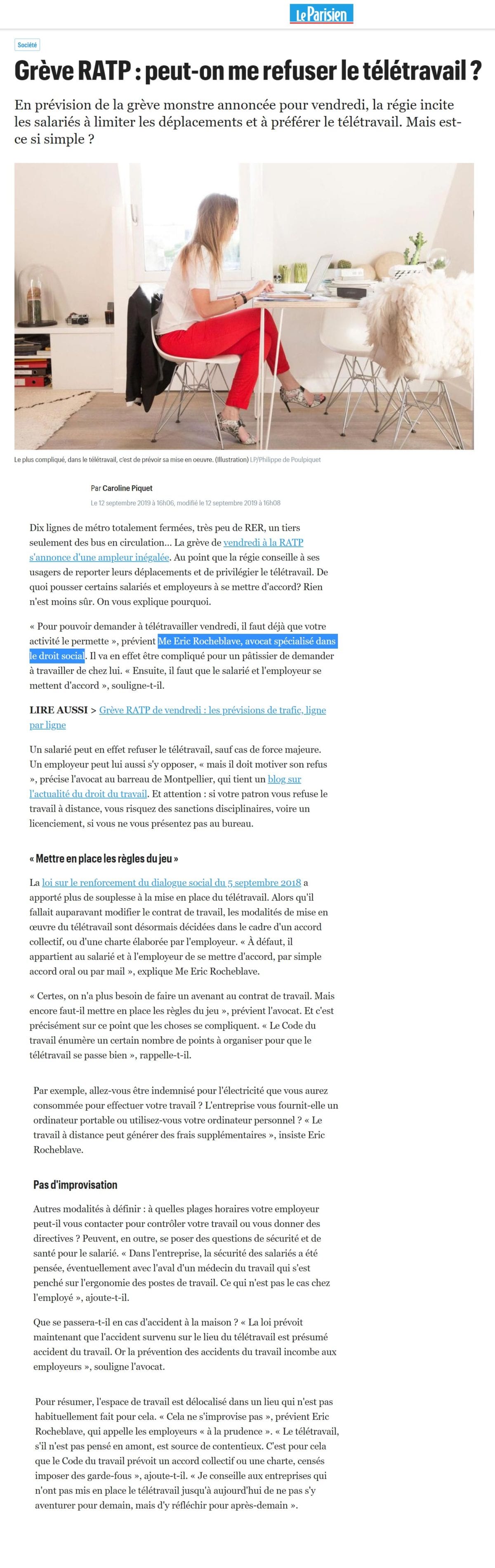 « Grève RATP : peut-on me refuser le télétravail ? » Interview Le Parisien de Maître Eric ROCHEBLAVE