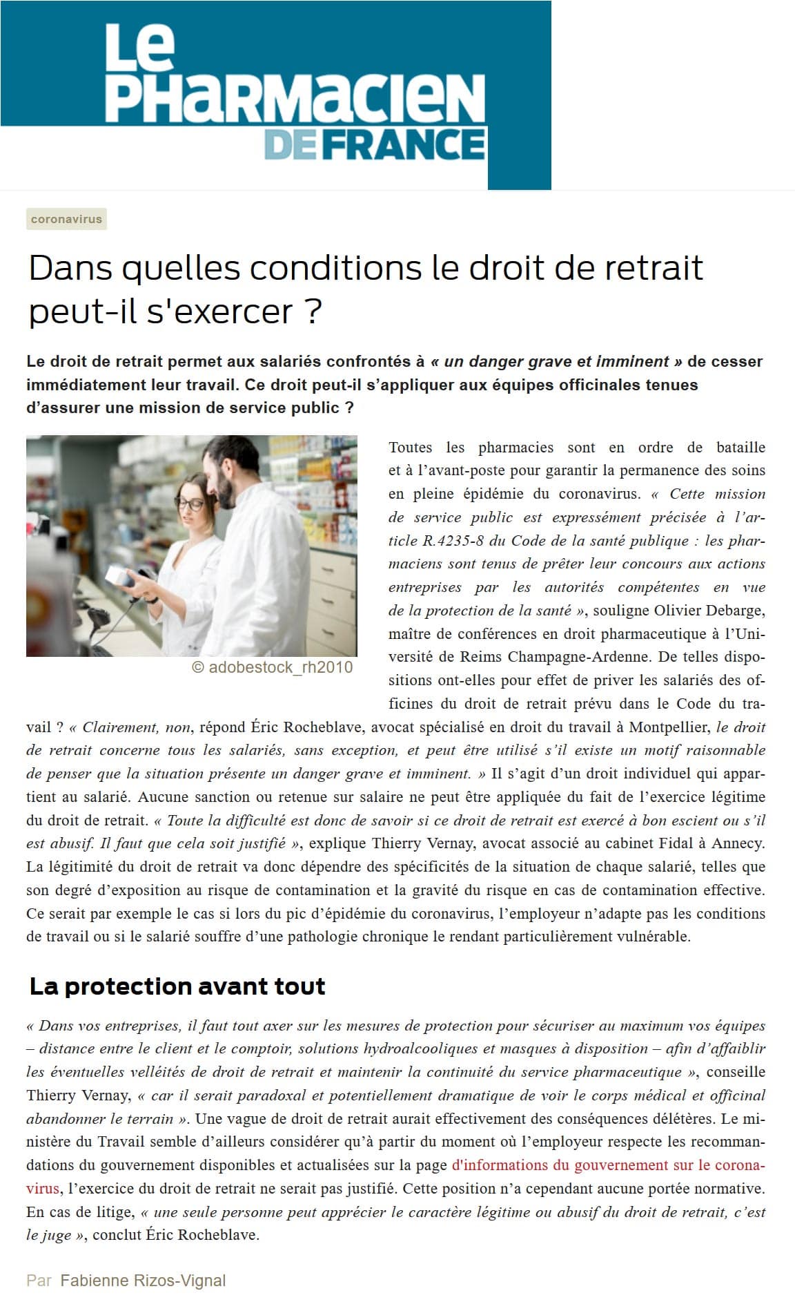 « Dans quelles conditions le droit de retrait peut-il s'exercer » Interview Le Pharmacien de France de Maître Eric ROCHEBLAVE