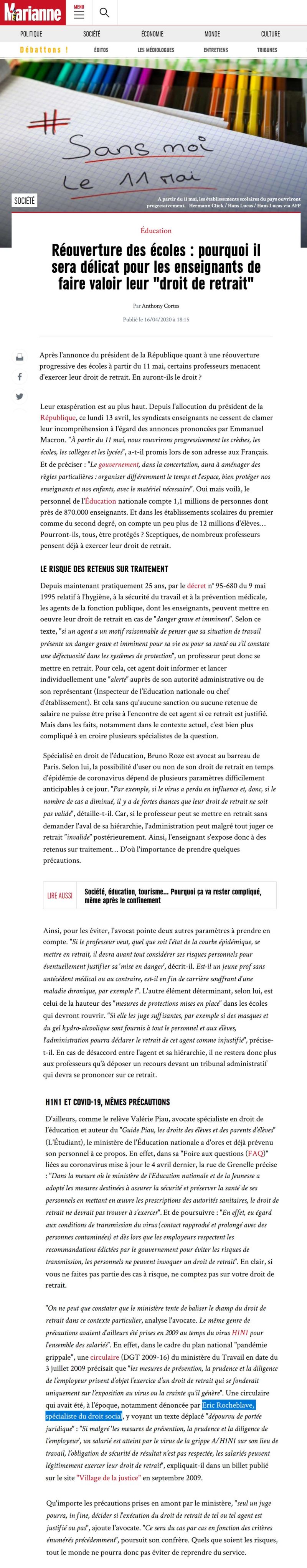 « Réouverture des écoles : pourquoi il sera délicat pour les enseignants de faire valoir leur "droit de retrait" » Interview Marianne de Maître Eric ROCHEBLAVE