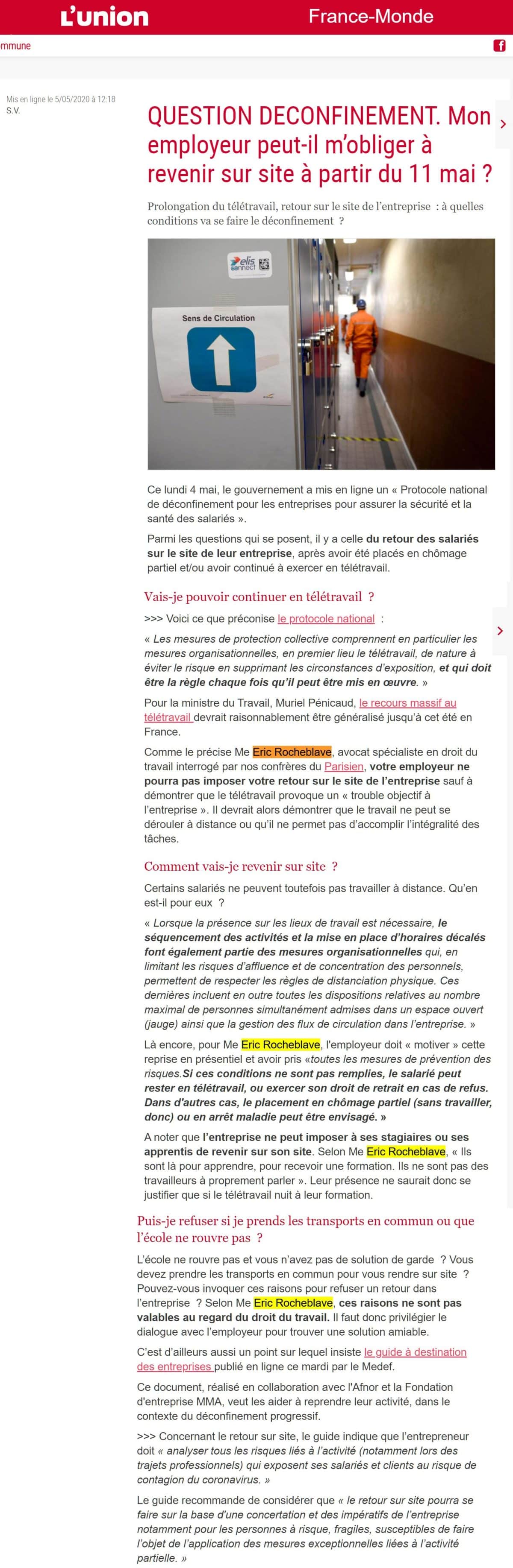 « QUESTION DECONFINEMENT.  Mon employeur peut-il m’obliger  à revenir sur site à partir du 11 mai ? » Interview L'UNION de Maître Eric ROCHEBLAVE