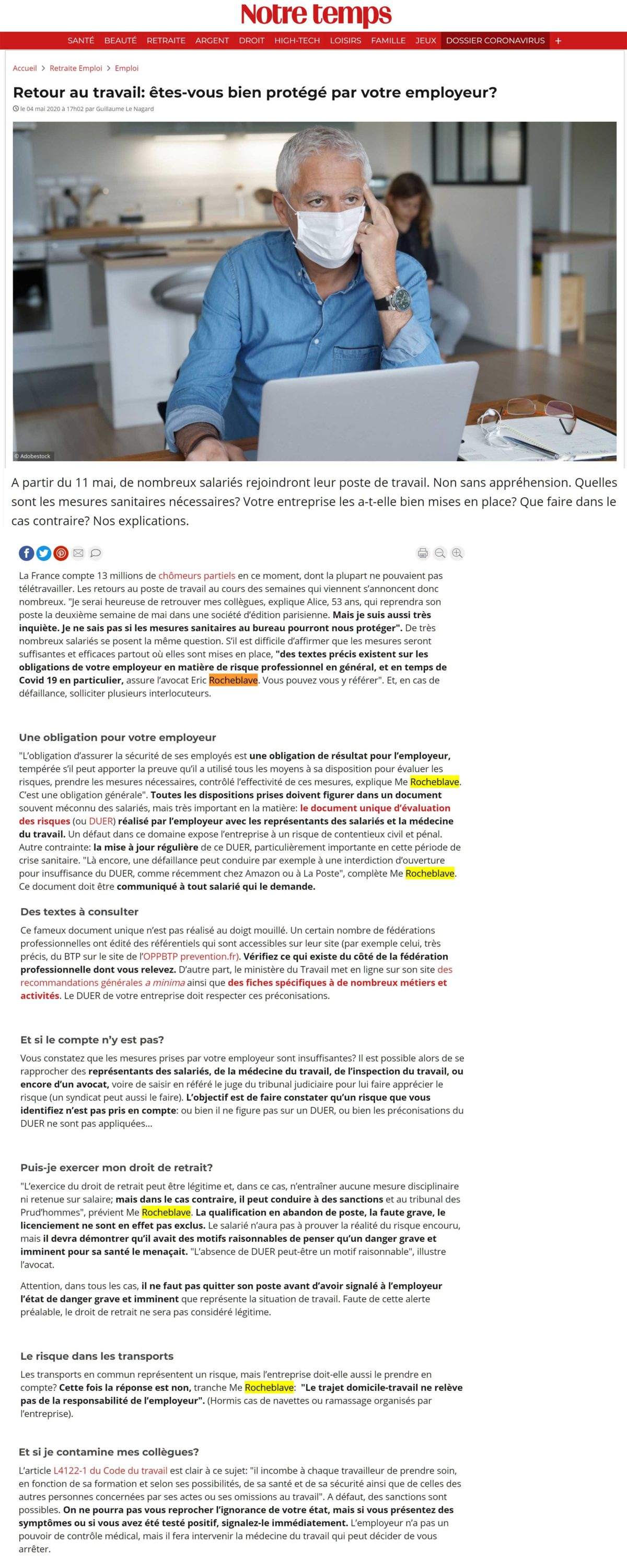 « Retour au travail : êtes-vous bien protégé par votre employeur ? » Interview Notre temps de Maître Eric ROCHEBLAVE