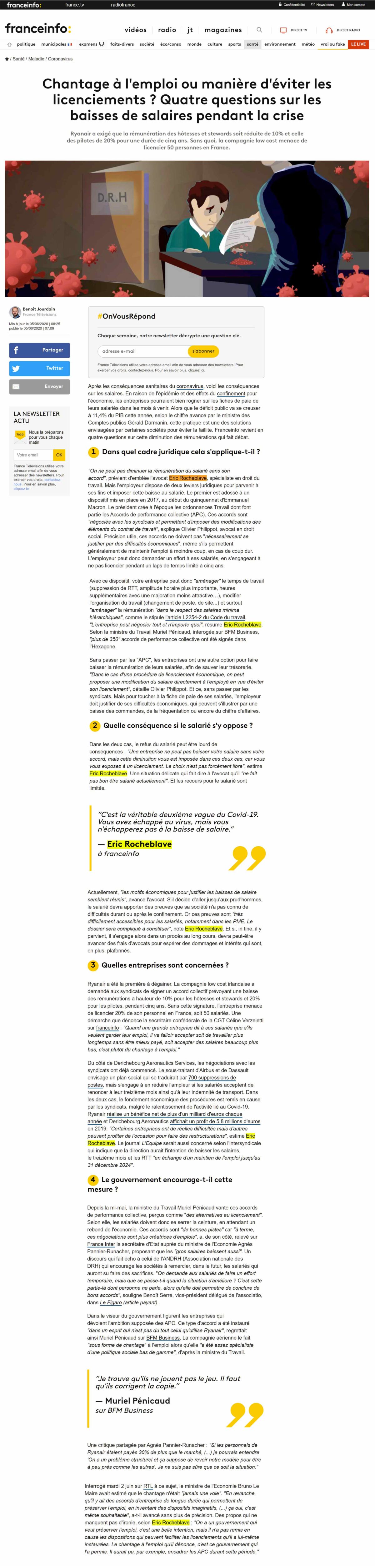 « Chantage à l'emploi ou manière d'éviter les licenciements ? Quatre questions sur les baisses de salaires pendant la crise » Interview franceinfo: de Maître Eric ROCHEBLAVE