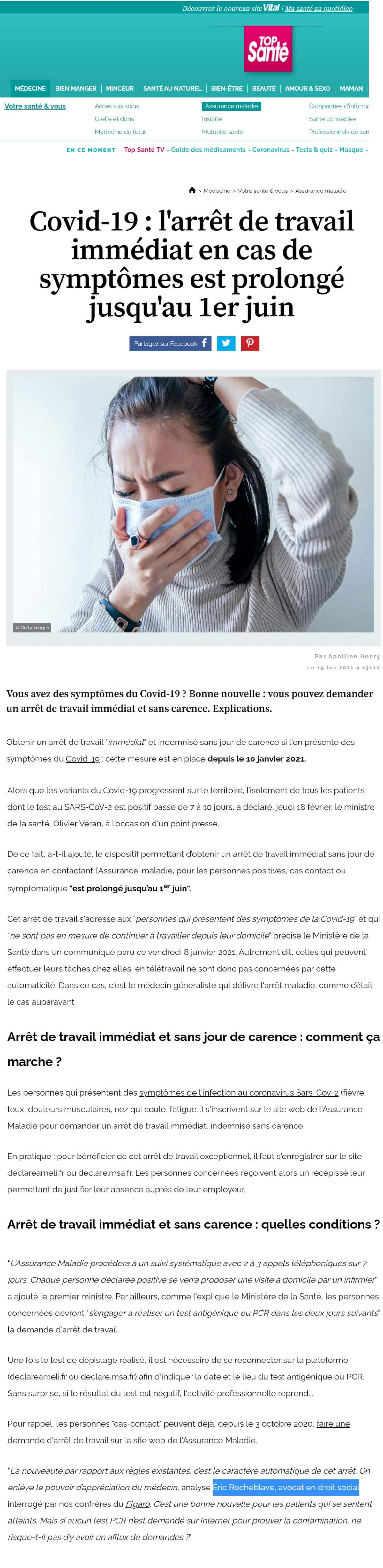 « Covid-19 : l'arrêt de travail immédiat en cas de symptômes est prolongé jusqu'au 1er juin » Interview Top Santé de Maître Eric ROCHEBLAVE